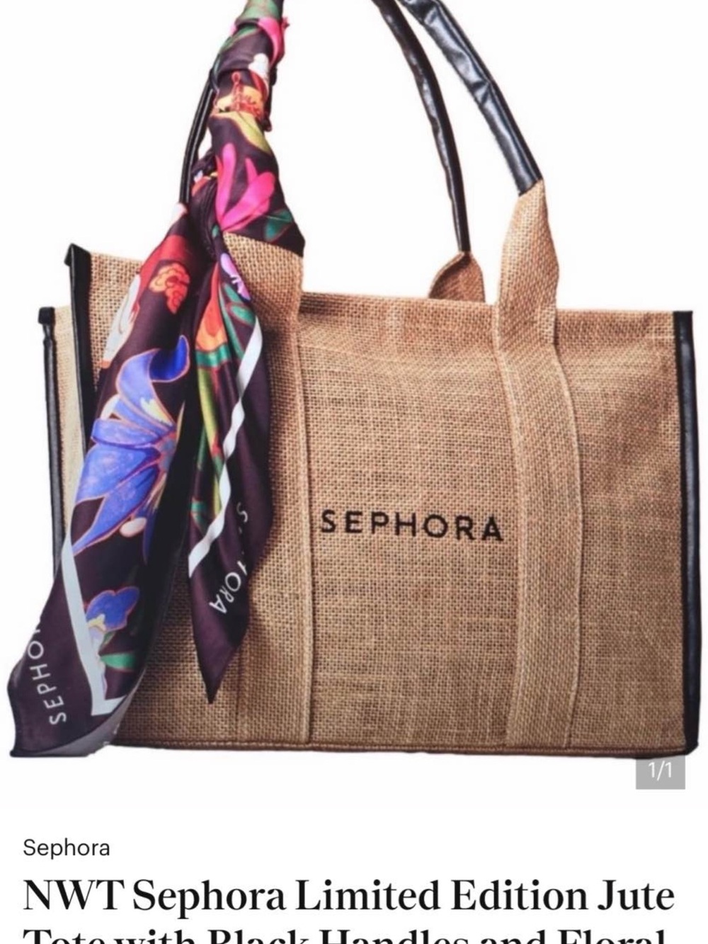 Sephora Natural Jute Tote with Black Handles and Multicolor Floral Scarf